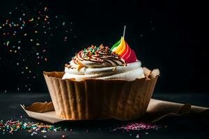 a cupcake with sprinkles on a black background. AI-Generated photo