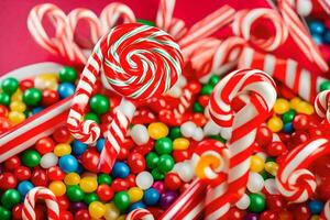 a bowl full of candy canes and candy. AI-Generated photo