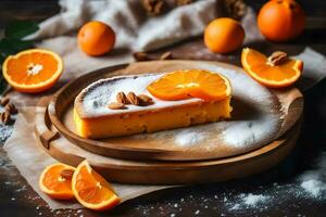 orange cake with slices on a wooden plate. AI-Generated photo