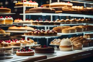 many different types of cakes are on display in a bakery. AI-Generated photo