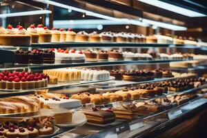 many different types of cakes are on display in a bakery. AI-Generated photo