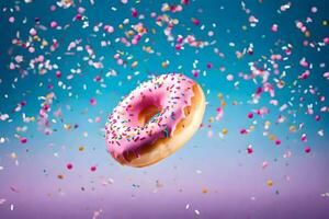 a donut with sprinkles on a purple background. AI-Generated photo