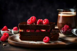 chocolate cake with raspberries and coffee. AI-Generated photo