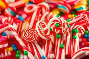 many colorful candy canes are scattered on a table. AI-Generated photo