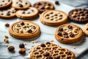 a variety of cookies are arranged on a marble surface. AI-Generated photo