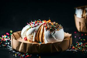 hielo crema pastel con asperja en un negro antecedentes. generado por ai foto