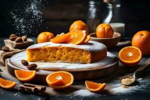 orange cake with sugar and oranges on a wooden board. AI-Generated photo