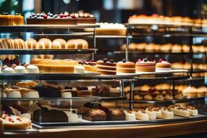 a display of cakes in a bakery. AI-Generated photo