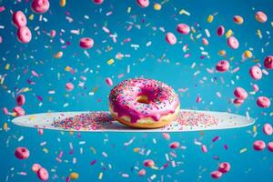 a donut with sprinkles on a plate. AI-Generated photo