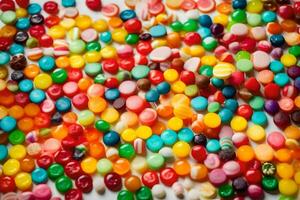 a pile of colorful candy on a white surface. AI-Generated photo