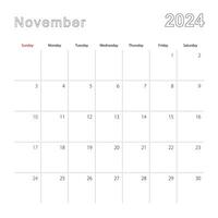 Simple wall calendar for November 2024 with dotted lines. The calendar is in English, week start from Sunday. vector