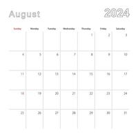 sencillo pared calendario para agosto 2024 con punteado líneas. el calendario es en inglés, semana comienzo desde domingo. vector