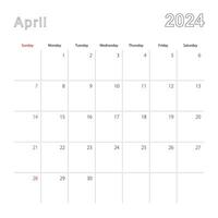 Simple wall calendar for April 2024 with dotted lines. The calendar is in English, week start from Sunday. vector