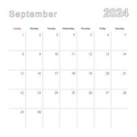 Simple wall calendar for September 2024 with dotted lines. The calendar is in English, week start from Sunday. vector