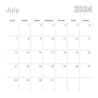 Simple wall calendar for July 2024 with dotted lines. The calendar is in English, week start from Sunday. vector