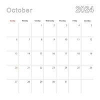 Simple wall calendar for October 2024 with dotted lines. The calendar is in English, week start from Sunday. vector