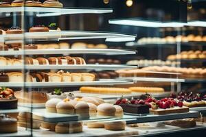 many different types of pastries are on display in a bakery. AI-Generated photo