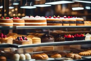 many different types of cakes are on display in a bakery. AI-Generated photo