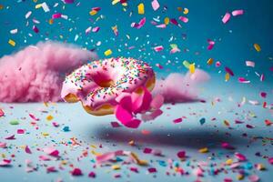 a donut with sprinkles and pink confetti on a blue background. AI-Generated photo