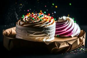 two cakes with sprinkles on a black background. AI-Generated photo