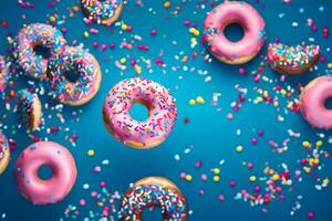 donuts with sprinkles on a blue background. AI-Generated photo