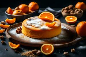 naranja pastel con nueces y naranjas en un de madera tablero. generado por ai foto