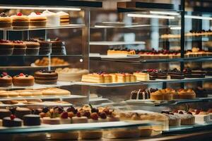 many different types of cakes are on display in a bakery. AI-Generated photo