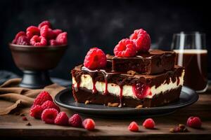 chocolate brownie with raspberry sauce and coffee on a black plate. AI-Generated photo