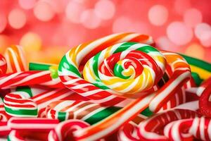 a close up of many colorful candy canes. AI-Generated photo