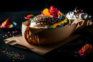 a colorful ice cream sundae with sprinkles and a flower. AI-Generated photo