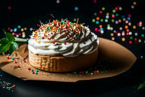 a cake with whipped cream and sprinkles on a black background. AI-Generated photo