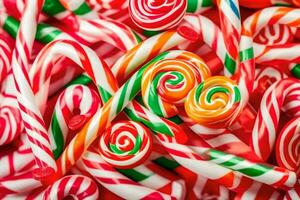 many different colored candy canes are arranged in a pile. AI-Generated photo