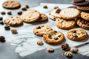 un variedad de galletas y galletas en un mármol superficie. generado por ai foto