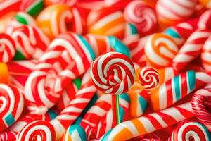 many colorful candy lollipops are arranged in a pile. AI-Generated photo