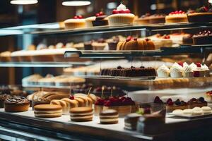 many different types of cakes are on display in a bakery. AI-Generated photo