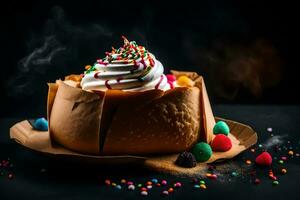 a dessert with whipped cream and sprinkles on a black background. AI-Generated photo