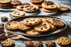 a plate of cookies on a marble counter. AI-Generated photo