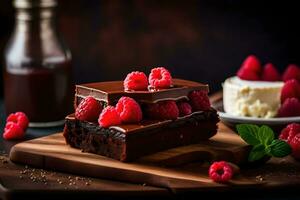 chocolate brownies with raspberries and mint on a wooden board. AI-Generated photo