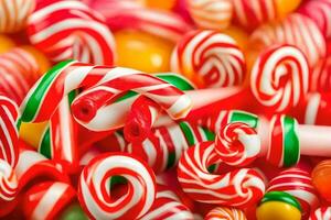 many different candy canes are arranged in a pile. AI-Generated photo