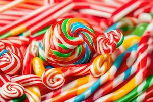 many colorful candy canes are arranged in a pile. AI-Generated photo