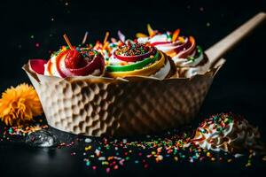 a bowl filled with ice cream and sprinkles. AI-Generated photo