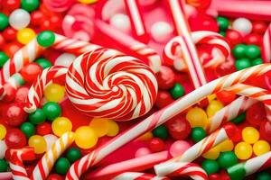 a colorful candy cane and candy canes on a red background. AI-Generated photo