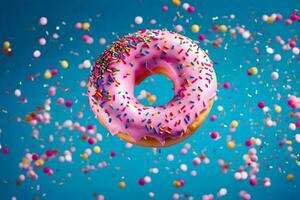 a donut with sprinkles on it is flying in the air. AI-Generated photo