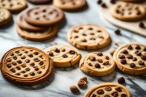 a variety of cookies on a marble counter. AI-Generated photo