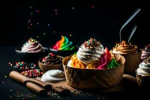 a bowl of ice cream with sprinkles and chocolate. AI-Generated photo