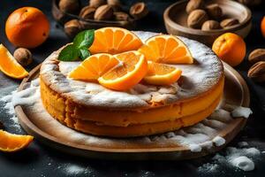 a cake with oranges and nuts on a wooden plate. AI-Generated photo