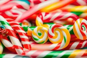 many colorful candy canes are arranged in a pile. AI-Generated photo