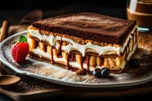 a slice of tiramisu dessert on a plate. AI-Generated photo