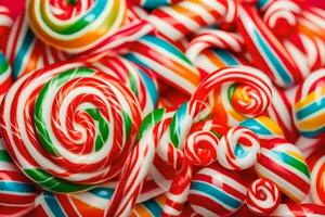 many colorful candy lollipops are arranged on a red background. AI-Generated photo