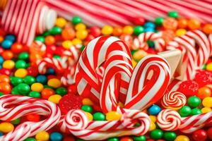 a candy cane surrounded by candy and candy canes. AI-Generated photo